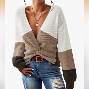 Pullover Sweaters Sexy V Neck Long Sleeve Twist Knot Cropped Knit Sweater Top